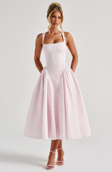 Women's Gingham Midi Dress - Square Neckline - Sleeveless