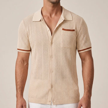 Men's Short-Sleeve Openwork Shirt - Casual Summer Camp Collar Button-Front Shirt with Contrast Tips