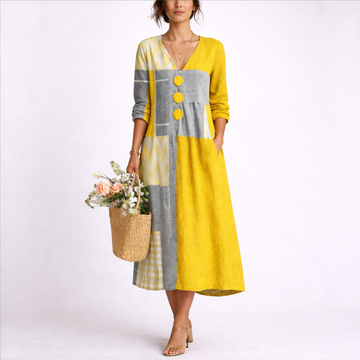 Women's Linen Midi Dress Patchwork