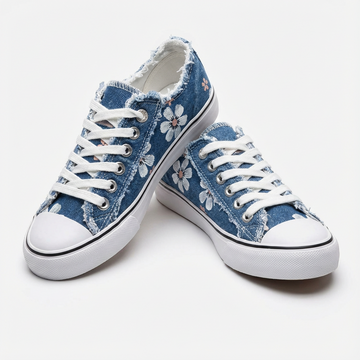Women's Denim Sneakers - Floral Embroidered - Frayed Edges - Lace Up