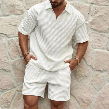 Men's Two-Piece Set - Waffle Texture Short Set - Casual Summer Zip-Polo Short Sleeve Top and Elasticated Shorts