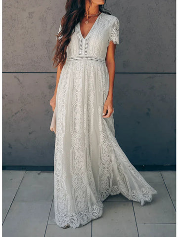 Women's White Lace Maxi Dress - V-Neck Short Sleeve Boho Floral Panel Wedding Guest