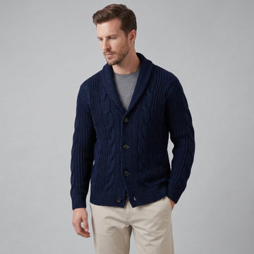 Men's Wool Cardigan Cable Knit Shawl Collar