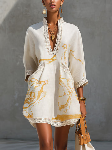 Women's Linen Embroidered Mini Dress V-Neck
