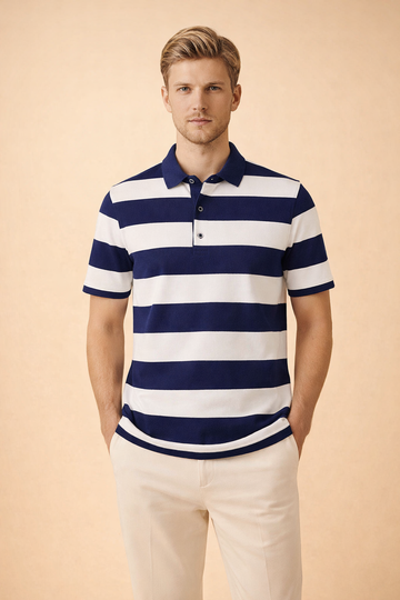 Men's Short Sleeve Horizontal Striped Polo Shirt - Button Placket