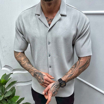Men's Short Sleeve Button Up Shirt - Camp Collar Ribbed Knit