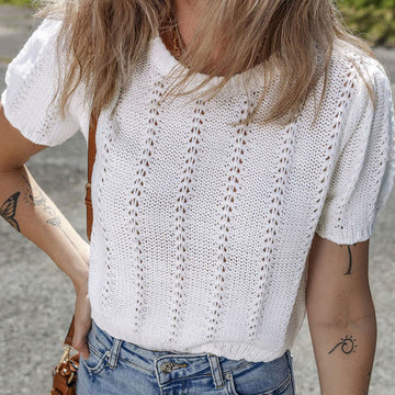 Women's Short Sleeve Knit Top - Round Neck Pointelle Detail Puff Sleeve