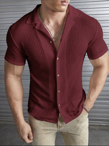 Men's Ribbed Knit Short Sleeve Shirt - Button Front - Spread Collar