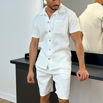 Men's Two-Piece Set Ribbed Knit Short Sleeve Shirt Shorts