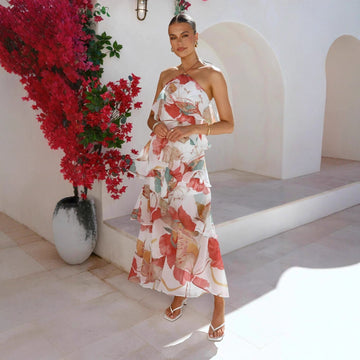 Women's Ruffled Floral Halter Tiered Maxi Dress