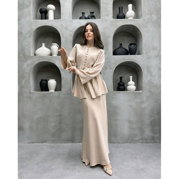 Women's Button Front Peplum Top - Maxi Skirt Two Piece Set - Long Sleeve