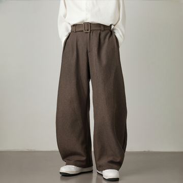 Men’s High-Waisted Wide Leg Trousers with Pleated Waist and Adjustable Belt