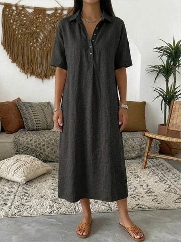 Women's Linen Blend Midi Dress Relaxed Fit