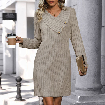 Women's Ribbed Knit Mini Dress V-Neck