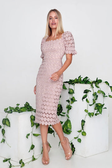 Women's Midi Dress Off-Shoulder Crochet Lace Scalloped Short Sleeve