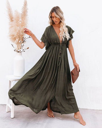 Women's Boho Maxi Dress Button-Front V-Neck
