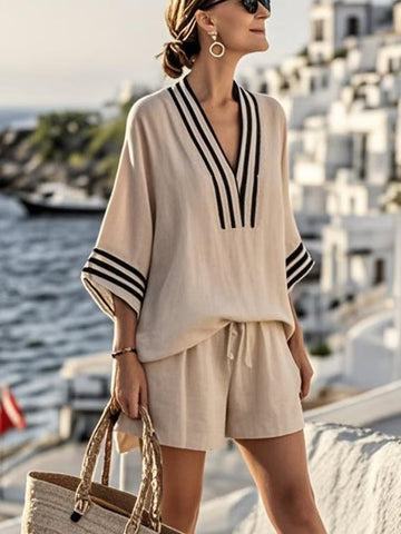 Women's Linen Two-Piece Set Striped Trim V-Neck