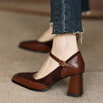 Women’s Mary Jane Block Heel Shoes with Square Toe and Buckle Strap
