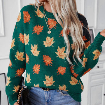 Women's Leaf Print Sweater Crew Neck