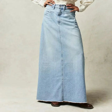 Women's High Waist Straight Denim Maxi Skirt - Raw Hem