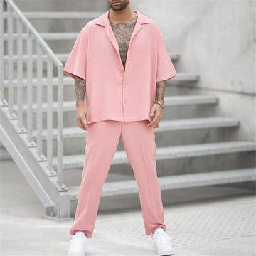 Men's Two Piece Short Sleeve Shirt and Straight Leg Trousers Set