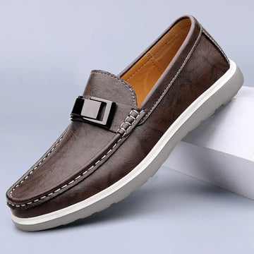Men's Slip-On Loafers - Metal Bar Detail - Moccasin Stitch - Chunky Rubber Sole