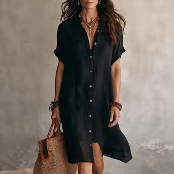 Women's Midi Dress Button Front Shirt Style Short Sleeve Collar