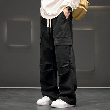 Men’s Wide Leg Cargo Trousers with Drawstring Waist and Flap Pockets