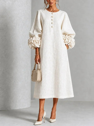 Women's Linen Midi Dress A-Line Floral Appliqué Cuff