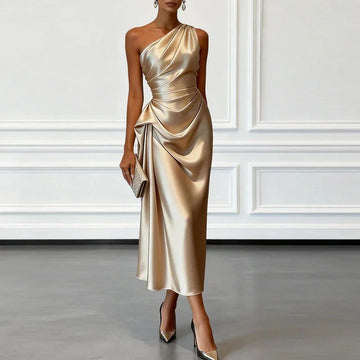 Women's Midi Dress Satin One-Shoulder Draped Ruched Waist