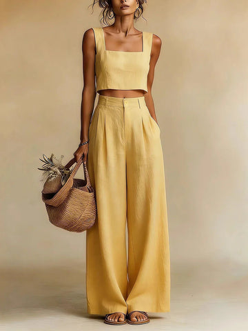 Women's Two-Piece Set Square Neck Crop Top Wide Leg Palazzo
