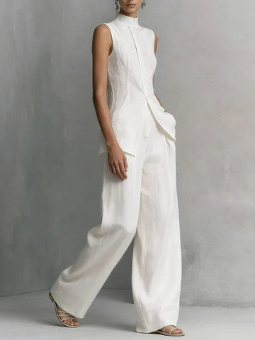 Women’s Linen Blend Two Piece Set with Mock Neck Top and Wide Leg Trousers