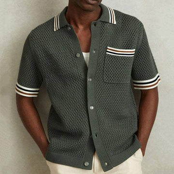 Men’s Army Green Short Sleeve Knit Polo Shirt with Button Front and Chest Pocket