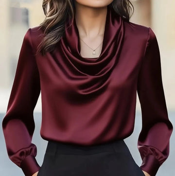 Women's Blouse Satin Cowl Neck Long Sleeve Draped Fitted Cuff