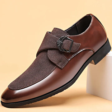Men's Black Monk Strap Dress Shoes - Single Buckle - Mixed Texture Upper - Pointed Toe