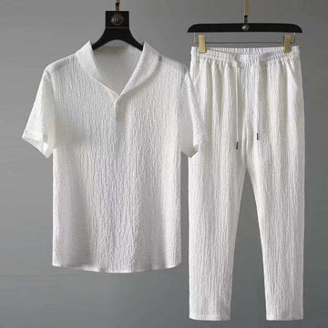 Men's Textured Two-Piece Set - Smart Casual Shawl Collar Top and Tapered Drawstring Trousers