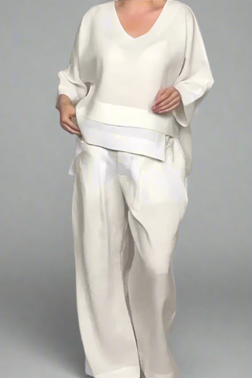 Women's Two Piece Set - V-Neck Layered Top and Wide Leg Trousers
