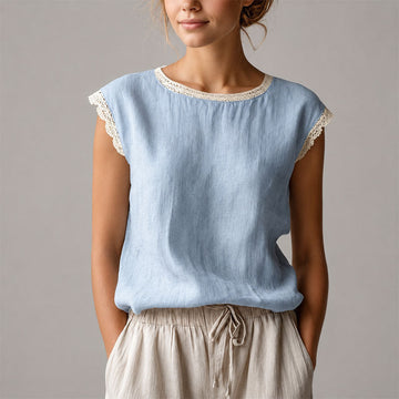 Women's Linen Lace Trim Blouse Relaxed Fit