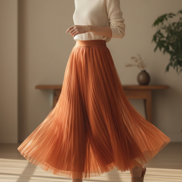 Women's Midi Skirt Pleated Tulle High-Waisted A-Line