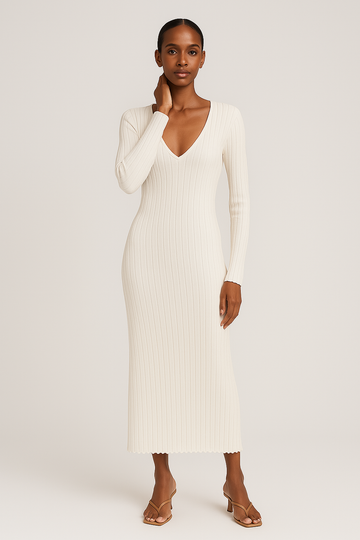 Women's Ribbed Knit Maxi Dress V-Neck