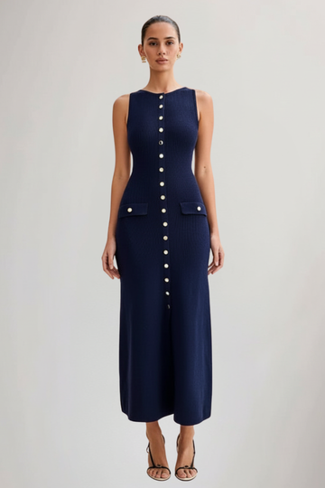 Women's Maxi Dress Sleeveless Button-Front Ribbed Knit Side Slit