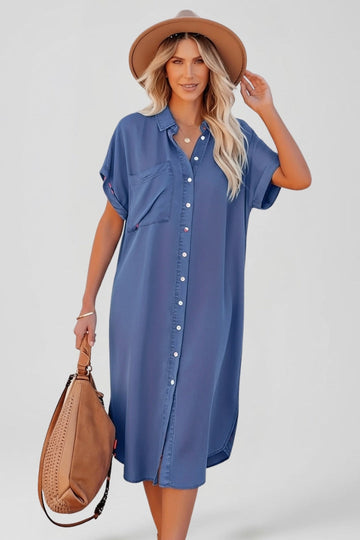 Women's Denim Shirt Dress with Collar and Chest Pocket