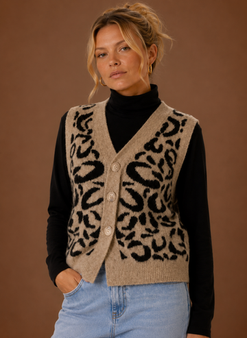 Women's Leopard Print Sweater Vest V-Neck
