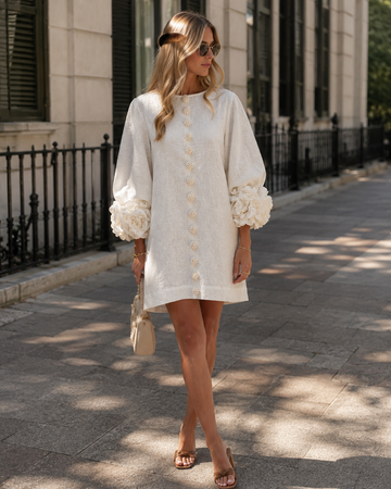 Women's Linen Mini Dress Rosette Cuff