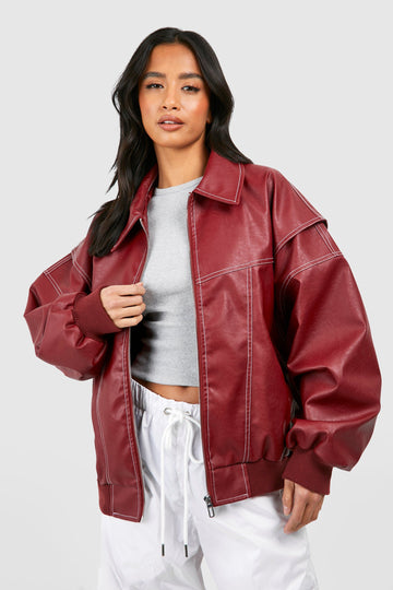 Women's Leather Bomber Jacket Oversized