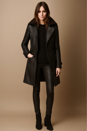 Women’s Black Faux Leather Trenchcoat – Belted, Double-Breasted