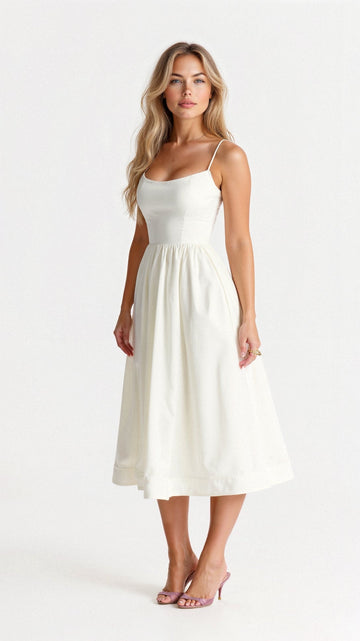 Women's Midi Dress - Spaghetti Strap Scoop Neck Gathered A-Line Skirt