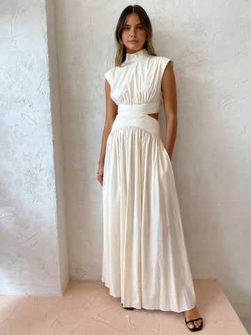 Women’s Mock Neck Maxi Dress – Sleeveless Romantic Style for Work, Holidays, and Parties