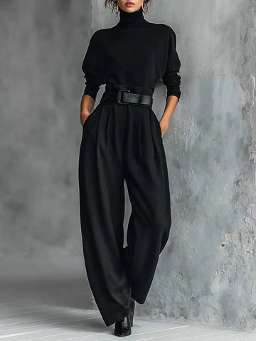 Women's Two-Piece Set High Neck Wide Leg Belted