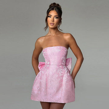 Women's Mini Dress Strapless Jacquard Floral Bow Back A-Line